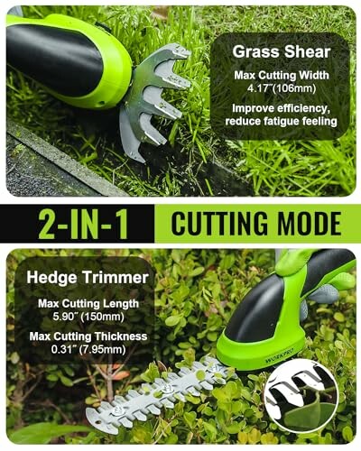 2-in-1 tool with grass shear and hedge trimmer functions.