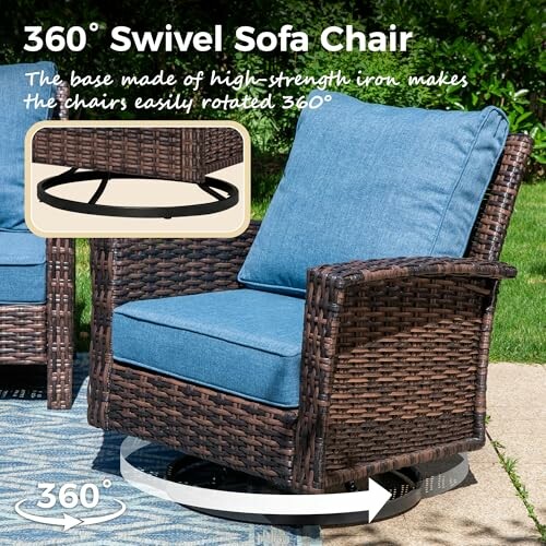 Outdoor wicker swivel sofa chair with blue cushions and 360-degree rotation feature.