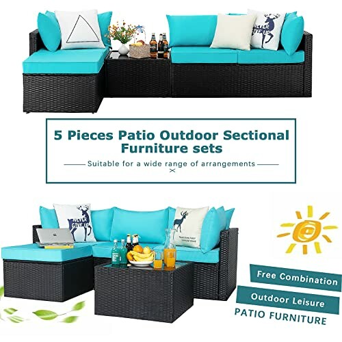 5-piece patio outdoor sectional furniture set with teal cushions