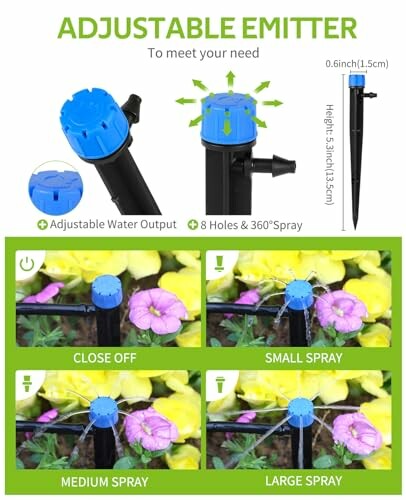 Adjustable emitter with water output settings and spray demonstrations