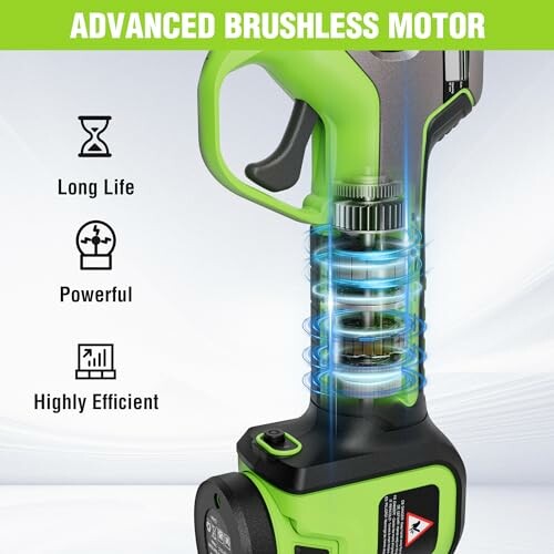 Green brushless motor with features: long life, powerful, highly efficient.