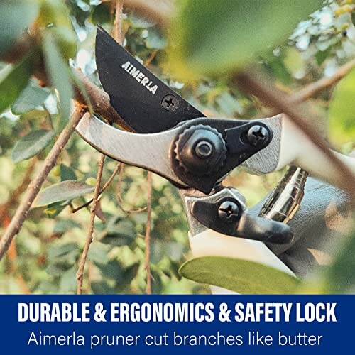 Aimerla pruning shears cutting a branch, showcasing durability and safety lock.