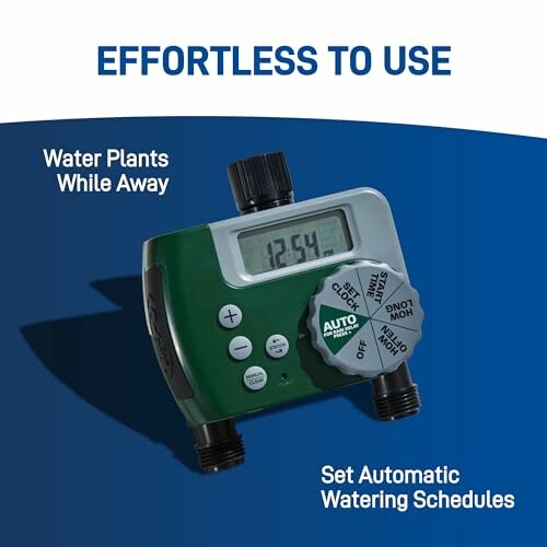 Automatic watering timer with digital display and settings for plant care.