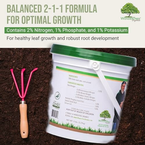 Balanced 2-1-1 fertilizer for optimal growth with ingredients list and gardening tool.