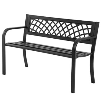 Black metal garden bench with lattice backrest