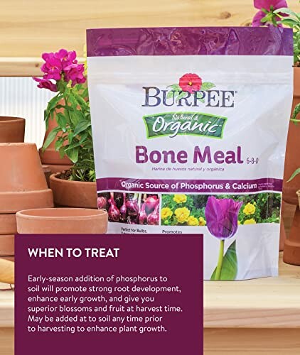 Burpee Organic Bone Meal with flower pots and plants