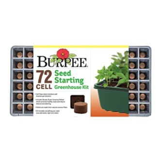 Burpee 72 cell seed starting greenhouse kit with plant image.