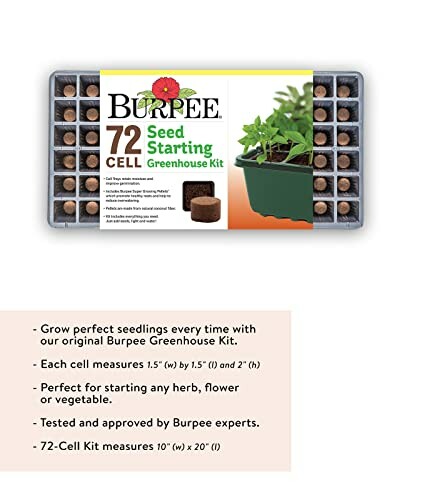 Burpee 72 cell seed starting greenhouse kit with green plants and text.