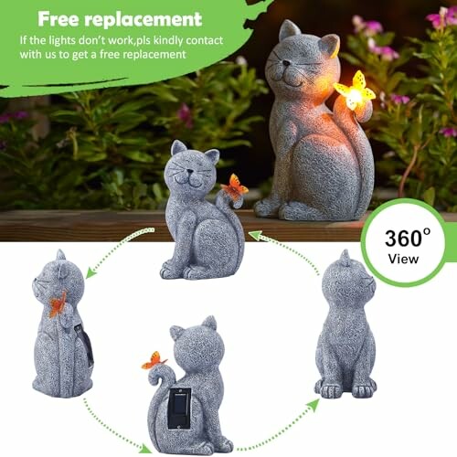 Cat garden statue with solar light and butterfly design