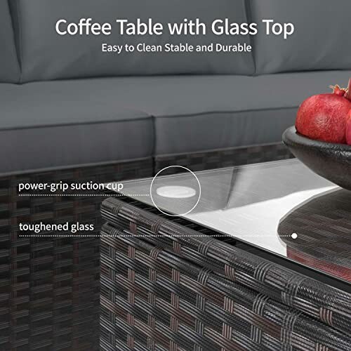 Glass top coffee table with power-grip suction cup and toughened glass.