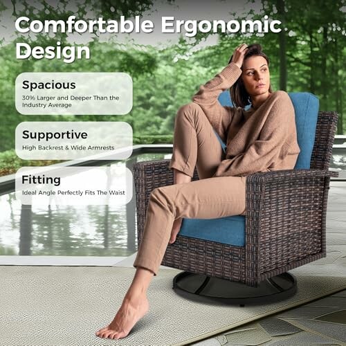 Woman sitting comfortably in an ergonomic wicker chair with text highlighting spacious, supportive, and fitting features.