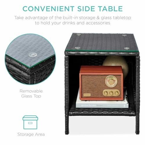 Convenient side table with removable glass top and storage area.