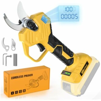 Cordless electric pruner with accessories and display.