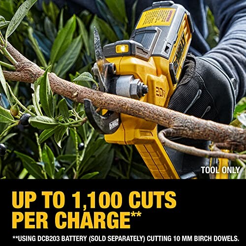 Cordless pruner cutting a branch with foliage in the background.