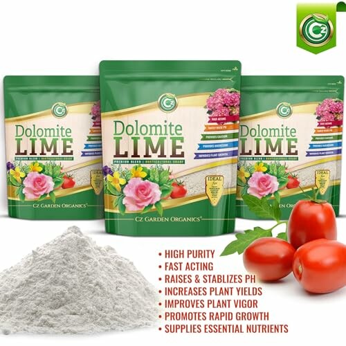 Dolomite Lime packaging and benefits for gardening with tomatoes.