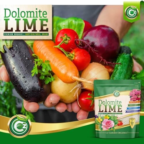 Hands holding fresh vegetables with Dolomite Lime product packaging.