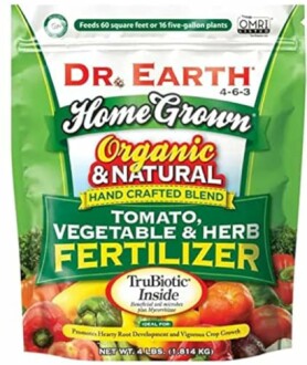 Dr. Earth Home Grown organic fertilizer for tomatoes, vegetables, and herbs.