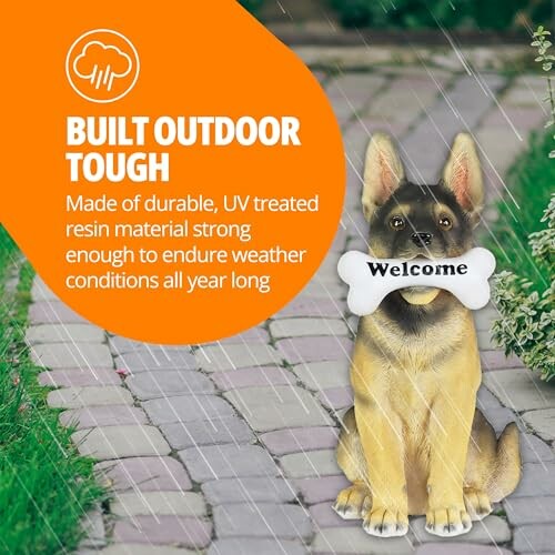 Weather-resistant dog statue holding a welcome bone.