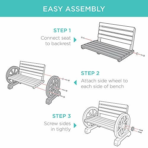 Illustrated step-by-step guide for assembling a bench with side wheels.