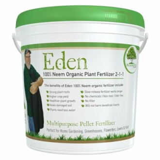 Bucket of Eden Neem Organic Plant Fertilizer 2-1-1 with benefits listed.