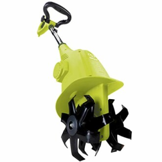 Electric garden tiller with black blades and green handle.