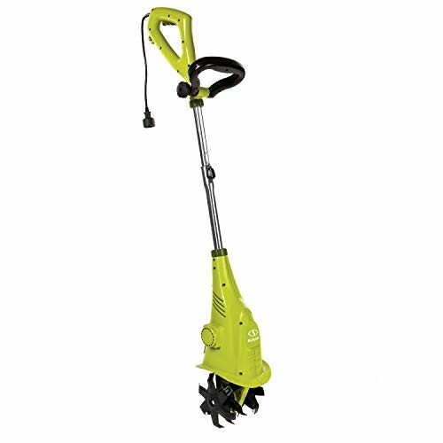 Electric garden tiller with green handle and black tines.