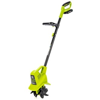 Electric garden tiller with a green handle and black blades.