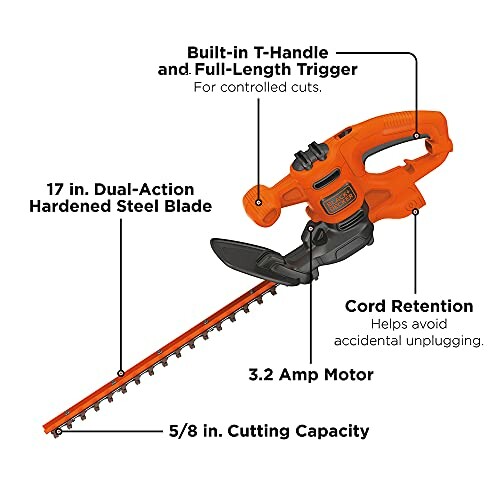 Electric hedge trimmer with features labeled, including dual-action steel blade, 3.2 amp motor, cutting capacity, T-handle, and cord retention.