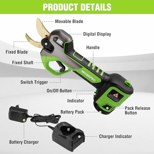 Diagram showing parts of electric pruning shears including movable blade, fixed blade, digital display, handle, switch trigger, on/off button, battery pack, charger indicator, and more.