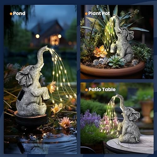 Elephant water feature with lights for pond, plant pot, and patio table.