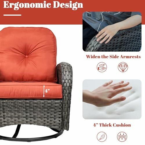 Ergonomic chair with orange cushion, wide armrests, and thick cushion.