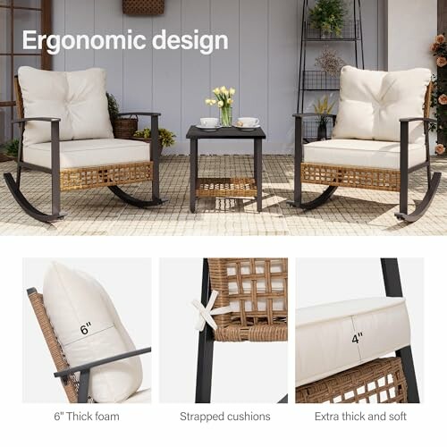 Ergonomic design outdoor furniture set with cushioned chairs and table.