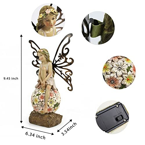 Decorative fairy garden statue with floral accents and wings.