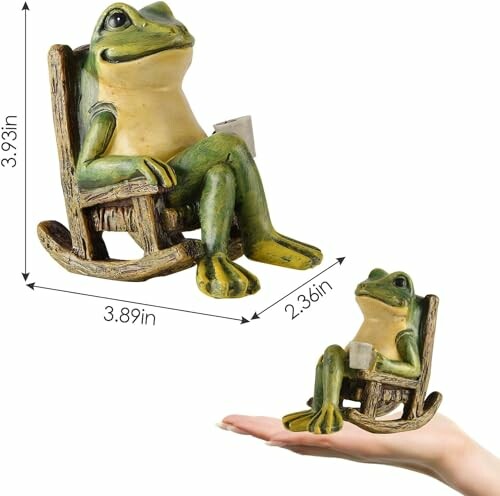 Frog statue sitting on a rocking chair with measurements.