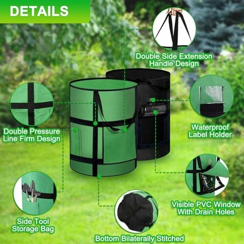 Collage showcasing features of a green garden bag with labels highlighting double side extension handles, waterproof label holder, visible PVC window with drain holes, double pressure line firm design, bottom bilaterally stitched, and side tool storage bag.