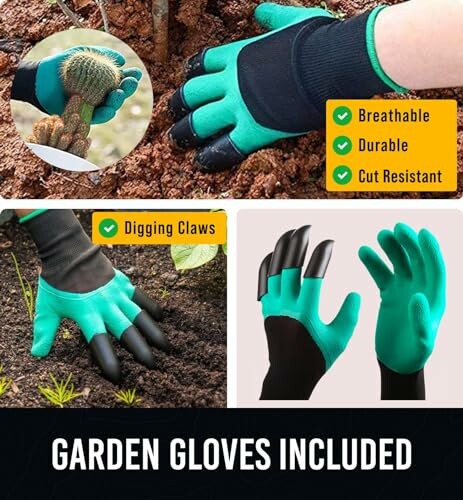 Gardening gloves with digging claws and features of breathability, durability, and cut resistance.