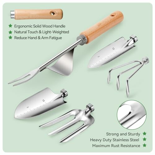 Set of stainless steel garden hand tools with ergonomic wooden handles.