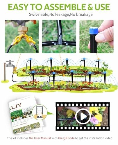 Illustration of an easy-to-assemble garden irrigation system with components and instructions.