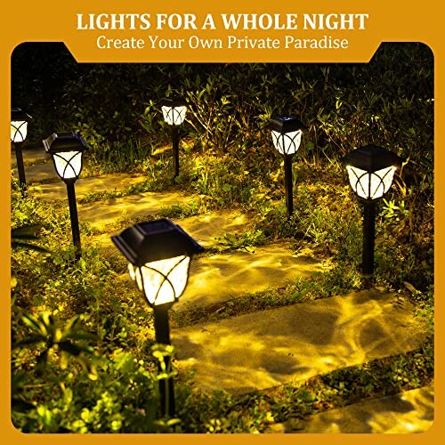 Solar lights illuminating a garden pathway at night.