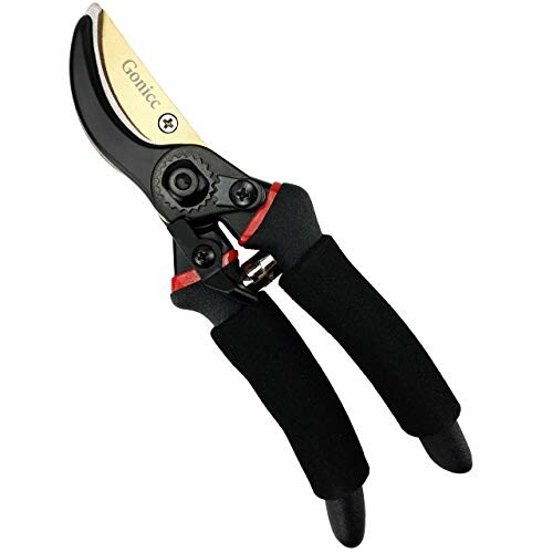 Black and gold garden pruning shears with ergonomic handles.