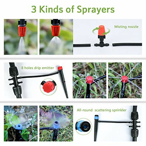 Three kinds of garden sprayers: misting nozzle, 8 holes drip emitter, all-round scattering sprinkler.