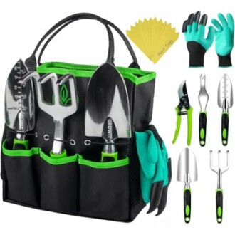 Garden tool set with bag, including various tools and gloves.