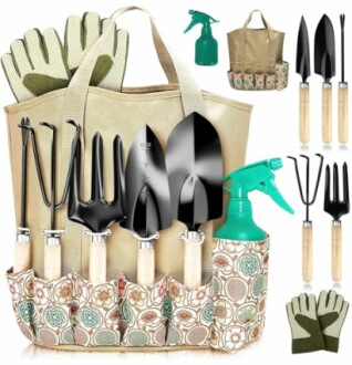 Garden tool set with bag, including gloves, spray bottle, and hand tools.