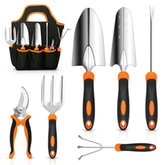 Set of orange and black garden tools including trowels, fork, weeder, pruners, and carrying bag.