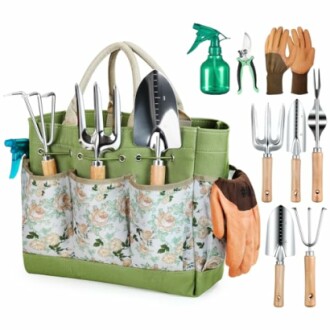 Gardening tool set with bag, gloves, spray bottle, and hand tools.