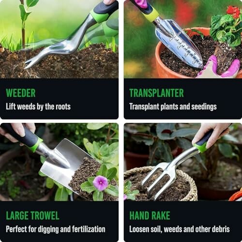 Four gardening tools: weeder, transplanter, large trowel, and hand rake with descriptions.