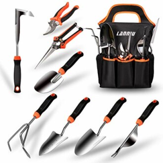 Gardening tool set with bag and various tools including pruners, trowels, and weeder.