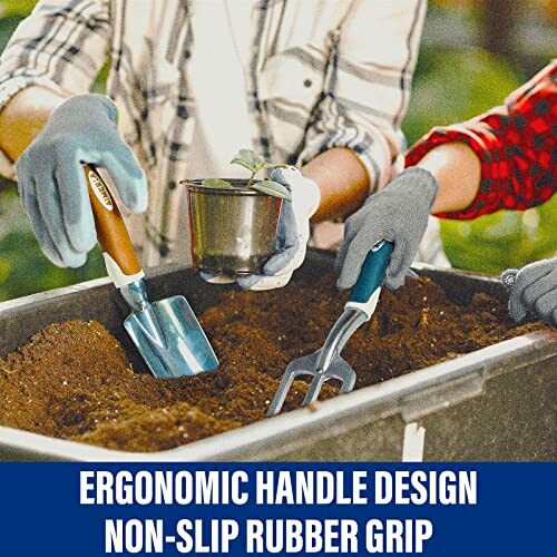 Two people gardening with ergonomic tools featuring non-slip rubber grips.