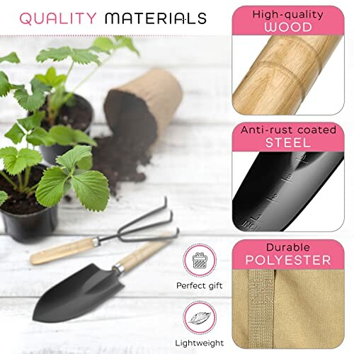 Gardening tools with descriptions of materials: wood, steel, polyester.