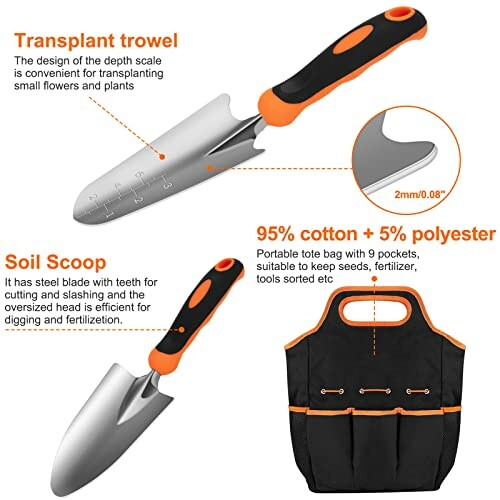 Gardening tools set with transplant trowel and soil scoop.